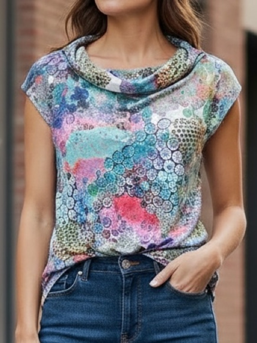 SnoSkins Abstract Crinkle Mock Neck Cap Sleeve Top L Multicolor